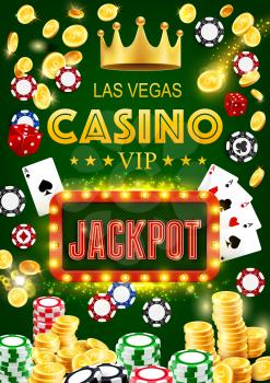 Vector casino neon light bulb signage, royal VIP poker game gamble and jackpot big win cash. Casino poker cards, gambling dice and chips with golden coins jackpot