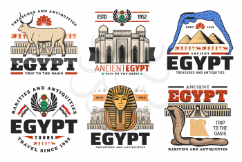 Egypt and Cairo travel tours to ancient landmarks and sightseeing. Vector trips to Egyptian pharaoh pyramids, sphinx and mummy, Egypt treasure antiquity and rarity shop signs