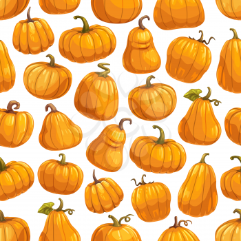 Pumpkins seamless pattern. Vector background of Halloween party, Thanksgiving day holiday and farming harvest orange round pumpkin pattern