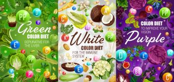 Color diet healthy food vegetables, fruits and berries, green salads and nuts. Vector white, green and purple days of color diet vitamins for liver detox, depurative and immune system health