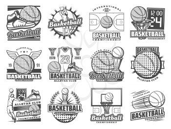 Vector basketball sport and streetball game tournament symbols of champion cup game, ball with wings and goal scoreboard. Basketball championship, club and team league badges