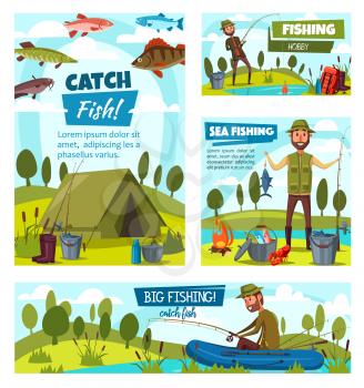 Sea fishing and big fish catch, fisher tackles, lures and equipment. Vector fisherman in rubber boat at river or lake with rod, fisherman camping tent and baits. Crab, pike and perch