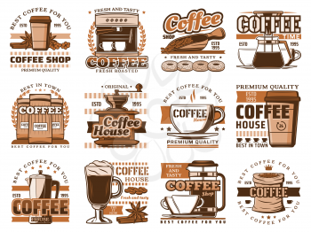 Coffee shop icons, brown symbols. Vector icons of drinks, grinder, premium quality, coffee maker machine, beans and latte steam in takeaway cup, donut dessert