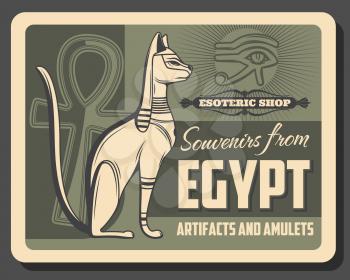 Vector Egypt Pharaoh cat deity, Horus eye and Ankh hieroglyph symbol. Ancient Egypt vintage retro poster, egyptian souvenirs, amulets and esoteric rarities shop