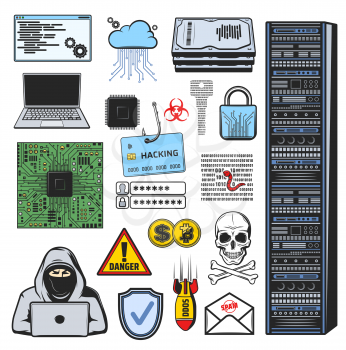 Vector icons of computer hacker, account login, password and credit card data phishing, ddos attack and digital malware. Computer hacker, internet security fraud and cyber hacking crime symbols