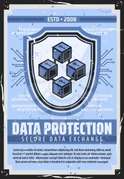 Internet data protection, information privacy and secure access technology. Vector retro poster of security shield and cryptography key in computer network, data exchange online security