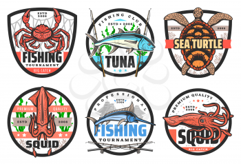 Fishing club, big fish and catch tournament icons or labels. Vector fisher equipment tackles, rods and lures for sea crab, ocean tuna and turtle, fishing sport tournament and fisherman hobby