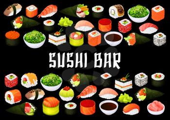 Japanese cusine sushi bar, rolls menu cover. Vector japanese nigiri sushi, temaki or uramaki and futo-maki rolls, oshidzushi of fish and seafood sushi in rice and seaweed
