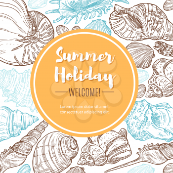 Vector seashells and sink, underwater corals and mollusks. Vacations travel, summer beach journey adventure and seaside holiday resort. Welcome to paradise, summer holiday and travel quote poster