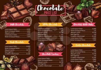 Chocolate candies shop, confectionery menu, vector sketch. Natural handmade milk and dark chocolate candy sweets with praline, chocolate bars with nuts or cocoa and cherry topping