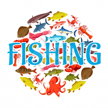 Sea fishing and ocean fishery industry, fish catch. Vector pike and trout, salmon and marlin, squid and octopus, lobster and shrimps, flounder and tuna