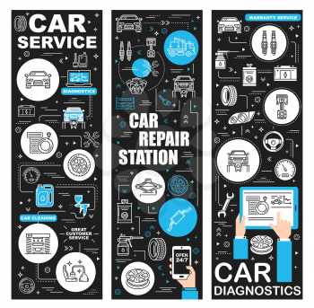 Car service center, mechanic repair, maintenance and vehicle diagnostics. Vector car service engine oil replacement, wheel tire fitting, car wash and spare parts banners