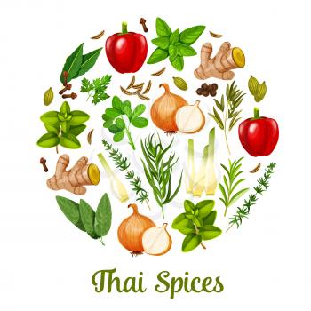 Thai spices and herbal cooking ingredients, herbs and seasonings. Vector paprika or bell pepper, lemongrass and spicy ginger, onion with rosemary, sage and bay leaf, cloves and cardamom spice