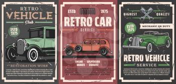 Retro vehicle club, vintage old cars and rarity motors restoration, tuning service posters. Vector car center and mechanic garage station, engine and chassis spare parts shop