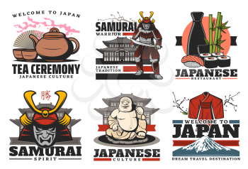 Japan travel icons. Culture and traditions, Japanese landmarks and famous symbols. Vector labels of tea ceremony, samurai warrior, Shinto Buddhist religion temple, kimono dress and Fuji mount