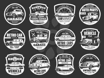 Vintage old cars spare parts shop, rarity old vehicles motor club and restoration center. Vector retro car diagnostics and mechanic repair, garage station service icons