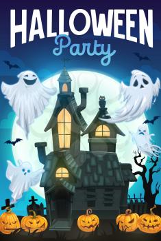 Halloween horror ghosts and haunted house with scary pumpkins, night party vector invitation. Autumn night sky with bats, moon and spooky graveyard, castle, owl and lanterns, cemetery and phantoms