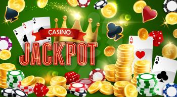 Casino gambling game, jackpot and poker playing cards. Vector chips and golden coins, dices and royal crown. Money stakes, entertainment club, aces suits hearts, spades, diamonds and clubs