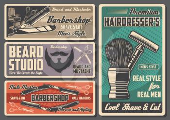 Barbershop and men hairdressers retro salon. Vector moustache and beard razor shaving, gentleman barber or hipster shop. Haircut and hair trim, comb and hairbrush, trimmer and shaver