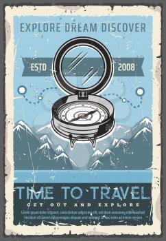 Retro navigation compass, time to travel, discover or explore dreams. Vector ancient nautical rouse of wind, round dial South and North, East and West. Mountain peaks and route, travelling adventure