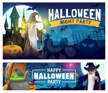 Halloween horror night party, vector flyers. Spooky pumpkins, bats and moon, ghost house, graveyard and creepy tree, evil wizard with black magic fireball, witch hat, potion cauldron and broom