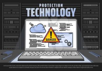 Computer protection technology, cyber security and data protection. Vector open laptop with warning sign, cloud storage and personal information access. Mobile attack, monitor with warning symbol