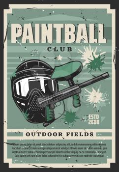 Paintball club shooting equipment, vector. Sport game, paint ball gun and protective tinted mask surrounded by blots. Gamer shooting target, weapon and rifle