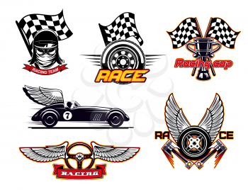 Motor sport symbols, racing club isolated icons. Vector racer in protective helmet, racing checkered flag and winged tire wheel, championship winners trophy cup