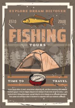 Fishing and travel tours, tourism. Vector camping tent and sport equipment, fishery rods, compass navigation tool. Tackles and fish, trees in forest and temporary hiking awning