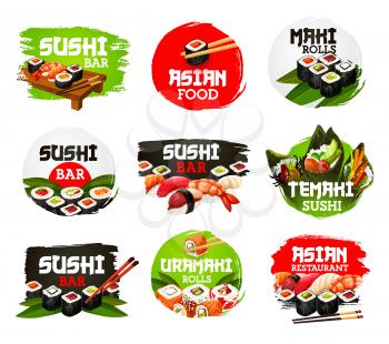 Sushi bar food, isolated seafood restaurant icons. Vector Japanese cuisine dish with salmon, shrimp, avocado, tuna, caviar, ginger and wasabi. Chopsticks and leaves, rice and uramaki temaki rolls