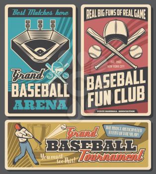 Baseball arena, sport game equipment and player, vector. Match cup game, player in uniform on stadium. Fan club, team, batter making hit in helmet