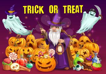Halloween trick or treat party vector design. Horror pumpkins, candies and ghosts with witch hat, pirate bandana and knife, evil wizard, magic wand and potion, bats, zombie brain and eyeball cookies