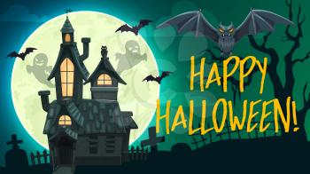 Halloween horror graveyard vector banner with ghosts, bats and haunted house, full moon, creepy tree and tombstones. Autumn holiday night monsters, party flyer or greeting card design