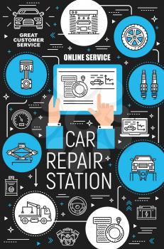 Car repair garage station vector icons. Vehicle diagnostics, maintenance, auto service center, spare parts. Tyre fitting, pumping and mounting, oil change and car wash, charger and tow truck