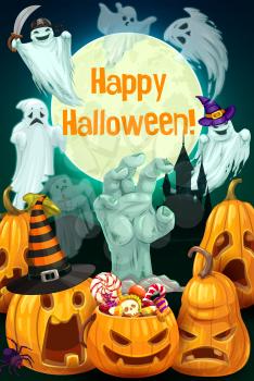 Halloween ghosts, pumpkins and trick or treat candies vector greeting card. Horror ghost flying around moon, graveyard, zombie hand and witch hat, spider, haunted house, cemetery and spooky lanterns