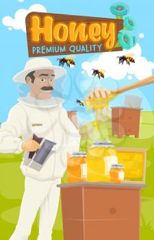 Honey apiary, bee-garden and beekeeper in protective outfit. Vector jars of honey, flying bee insects on beekeeping farm. Apiarist in hat and dipper spoon, apiculture and wooden board with flowers