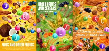 Nuts, cereals and dried fruits, vitamins and minerals in snacks. Vector gluten free grains and seeds, sweet raisins, prunes and pineapple. Organic vegetarian food figs and hazelnut, cashew and peanuts