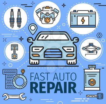 Fast car repair and tools. Vector engine diagnostics and battery charge, tire fitting and vehicle mounting, navigation system and oil change. Motor fixing and spanner wrench, exhaust spare parts
