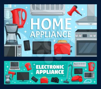 Home appliance, household items and equipment. Vector air conditioner and toaster, microwave oven and TV set, camera. Smartphone and kitchen blender, coffee kettle and vacuum cleaner, hair dryer