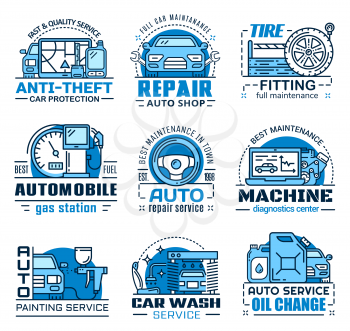 Repair service, car maintenance isolated icons. Vector anti-theft system, shop and tire fitting, fuel gas station, machine diagnostic center. Painting and washing, oil change service
