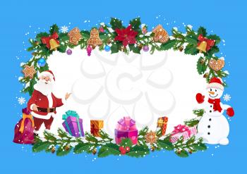 Frame for Christmas greeting card, vector. Santa Claus and snowman, gingerbread cookies and gift boxes, holy berry and cones. Jingle bell and cranberry, border of fir or spruce branches