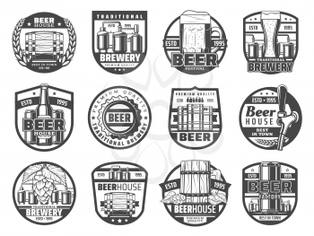 Beer house and brewery factory, pub and bar isolated icons. Vector craft pint mugs and bottles, brewing production, Oktoberfest festival. Hop and ears of wheat, wooden barrels, light, dark beer, ale
