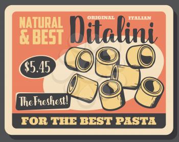 Ditalini pasta in shape of small tubes. Vector traditional Italian cuisine food, tubettini. Short macaroni of durum wheat, homemade natural mediterranean original pasta