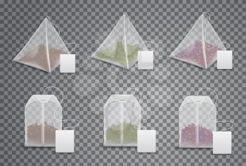 Tea bags 3d realistic mockup templates set. Vector isolated triangle pyramids and square teabags with blank label tag on thread, English breakfast, Indian Ceylon and Chinese green tea product package