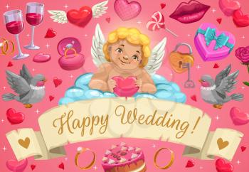 Happy wedding vector greeting card of Cupid with love hearts and gifts on cloud. Marriage ceremony rings of groom and bride, cake and candy, rose flowers, doves and lips, key, padlock and wine glasses