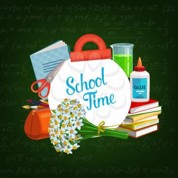 Back to School, education season poster with student classes supplies. Vector green chalkboard with algebra or mathematics formula, pencils and watercolor paint brushes in pen case and study books