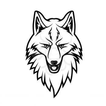 Fox head isolated monochrome icon. Vector forest animal with pointed muzzle, cunning face expression. T-shirt print design, sport team mascot fox or wolf, snout animal, hunting club logo, tattoo sign