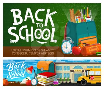 Back to School education season poster, study classes supplies in student bag. Vector school bus, pens and pencils, books and watercolor paints, clock and apple with formula on green chalkboard