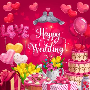 Wedding day party heart balloons and pink flowers, marriage ceremony greeting calligraphy. Vector wedding cake with gifts, doves kissing, roses and tulip flowers in sparkling shine
