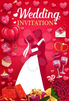 Wedding invitation, embracing bride and groom, frame of love symbols. Vector couple and broken heart by arrow, envelope and glasses of wine. Flower bouquet and gifts on marriage party, burning candle